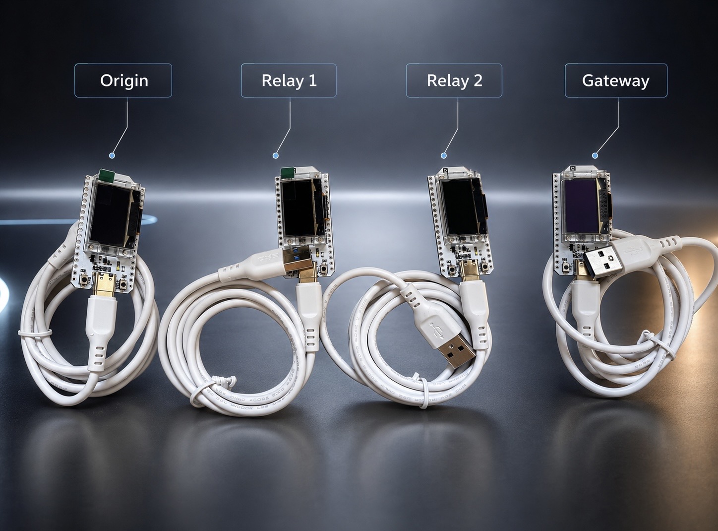 Zevoria Shield alpha prototype showing the four-node relay chain: Origin, Relay 1, Relay 2, and Gateway devices connected in sequence.
